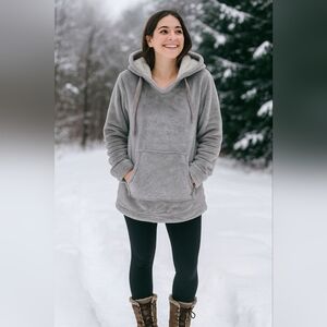 Green Tea Cozy Faux-Fur Lined Hoodie  Women’s Large Winter Gray Pullover